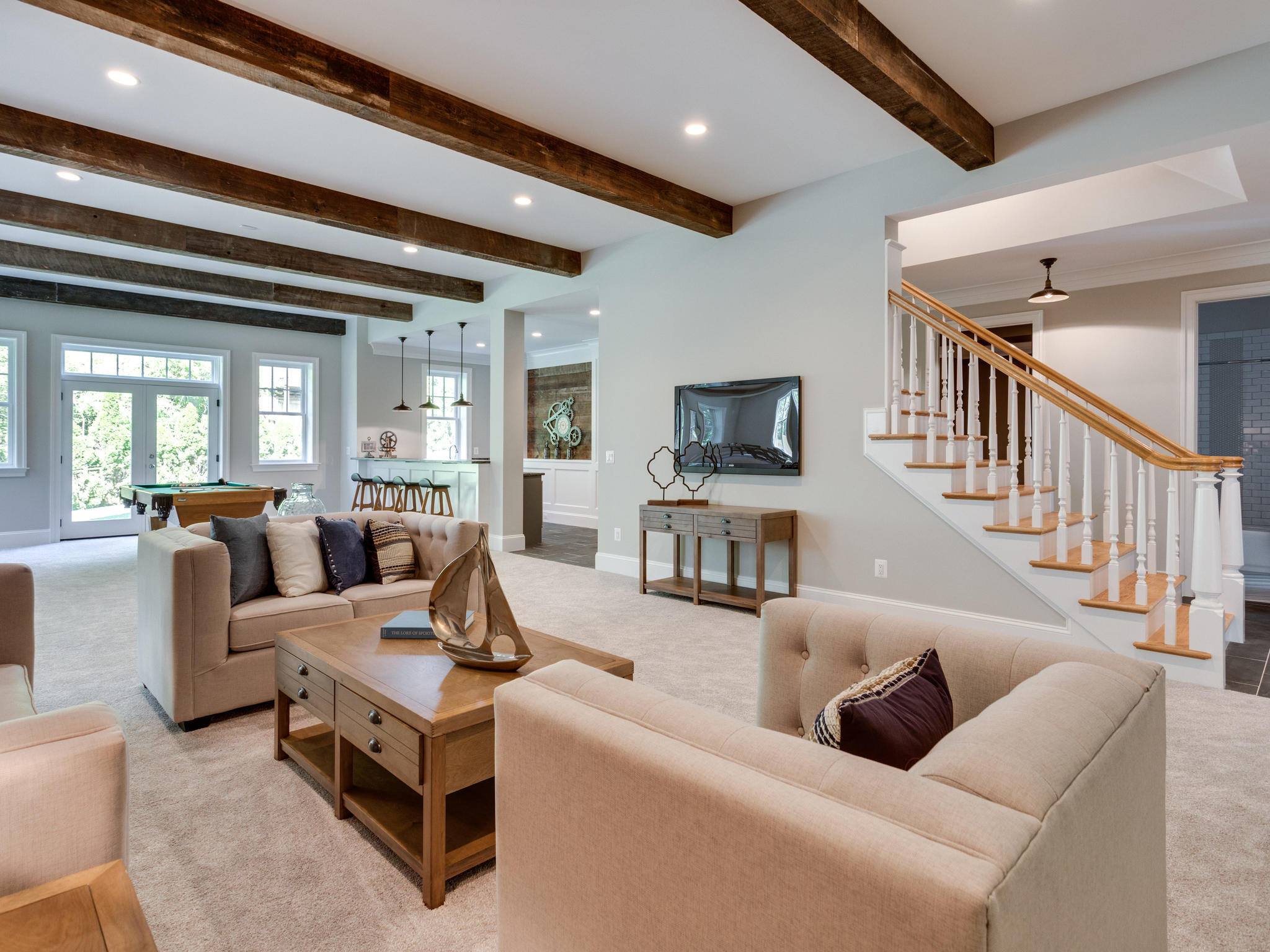 Image of Living Space with Sawmill Designs Faux Box Beams